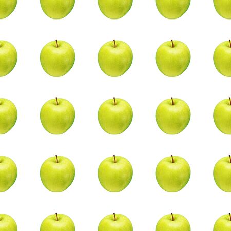 Pattern of green apples on a white background. Isolated fruits. Image for fabric, wallpaper and wrapping paper.の写真素材