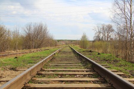 The railway stretching into the distance against the background of young green grass and trees in spring.の写真素材