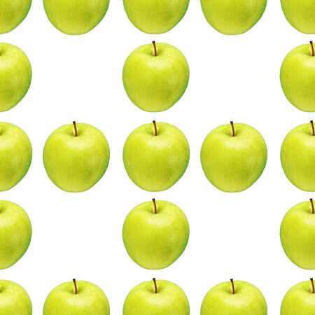 Pattern of green apples on a white background. Isolated fruits. Image for fabric, wallpaper and wrapping paper.の写真素材