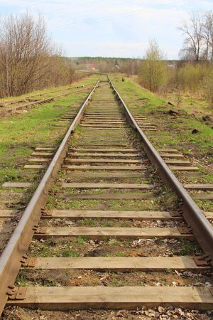 The railway stretching into the distance against the background of young green grass and trees in spring.の写真素材