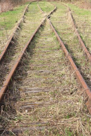 The railway stretching into the distance against the background of young green grass and trees in spring.の写真素材
