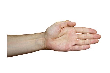 Male hand with fair skin shows a gesture, hand on a white isolation background. Open hand extended for a handshake. Stock photo for web and print.の写真素材