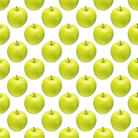 Pattern of green apples on a white background. Isolated fruits. Image for fabric, wallpaper and wrapping paper.の写真素材