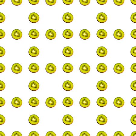 Seamless endless pattern of juicy green slices of kiwi fruit isolated on white background. Design for wrapping paper, fabric and wallpaper.の写真素材