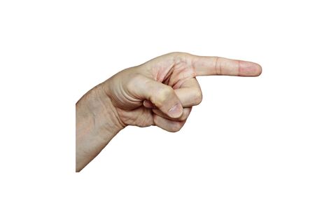 Male hand with fair skin shows a gesture, hand on a white isolation background. Indication of something, direction, attention. Stock photo for web and print.の写真素材