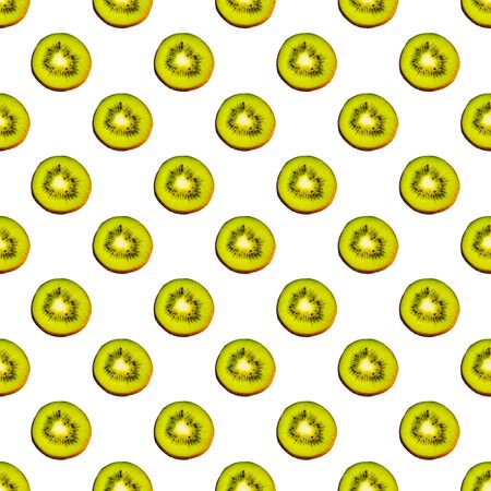 Seamless endless pattern of juicy green slices of kiwi fruit isolated on white background. Design for wrapping paper, fabric and wallpaper.の写真素材