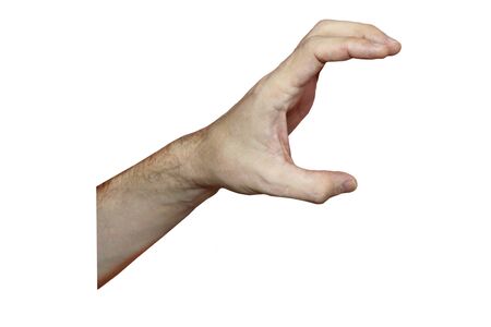 Male hand with fair skin shows a gesture, hand on a white isolation background. Fingers bent, sign of grabbing something, aggression. Stock photo for web and print.の写真素材