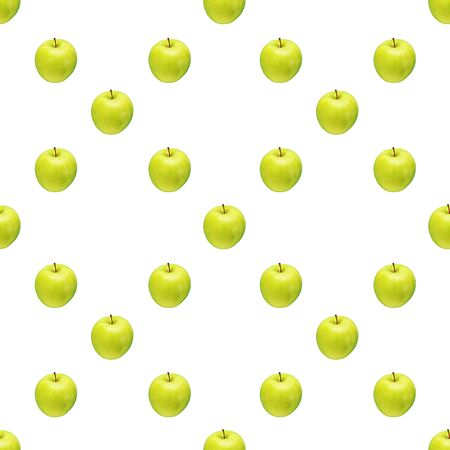 Pattern of green apples on a white background. Isolated fruits. Image for fabric, wallpaper and wrapping paper.の写真素材