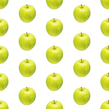 Pattern of green apples on a white background. Isolated fruits. Image for fabric, wallpaper and wrapping paper.の写真素材