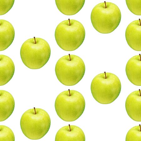 Pattern of green apples on a white background. Isolated fruits. Image for fabric, wallpaper and wrapping paper.の写真素材