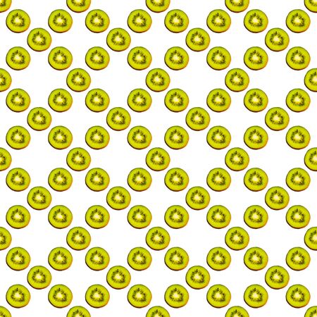 Seamless endless pattern of juicy green slices of kiwi fruit isolated on white background. Design for wrapping paper, fabric and wallpaper.の写真素材