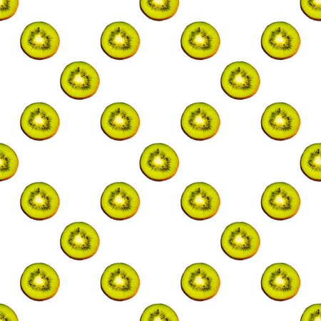 Seamless endless pattern of juicy green slices of kiwi fruit isolated on white background. Design for wrapping paper, fabric and wallpaper.の写真素材