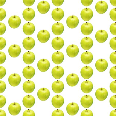 Pattern of green apples on a white background. Isolated fruits. Image for fabric, wallpaper and wrapping paper.の写真素材