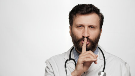 Shh, doctor secret finger. Suspicious smiling man doctor on white background looking at camera and brings his index finger to his mouth lips and she say shhhの写真素材