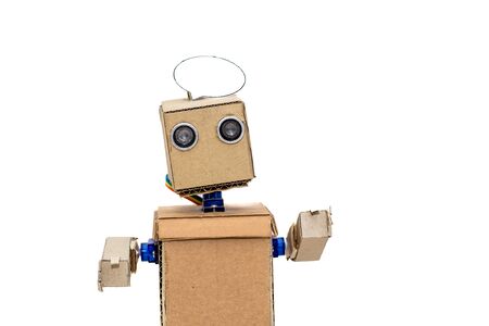 robot with hands on a white background standing and thinkingの写真素材