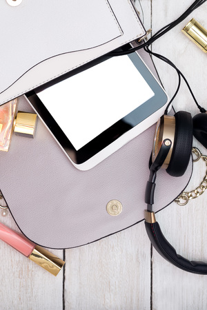 make up bag with cosmetics and brushes. flat lay.の写真素材