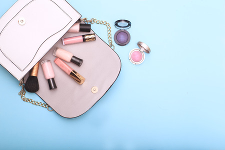 feminine stuff on blue background, top viewの写真素材