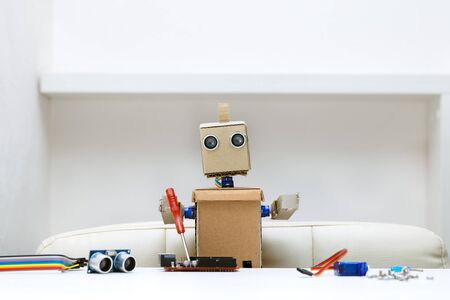 The robot holds a red screwdriver in its hands and collects from the details of another robotの写真素材