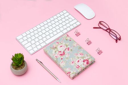 female desktop with accessories. geometricの写真素材