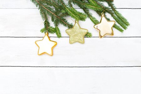 Christmas background. Christmas tree toys on a branch hangingの写真素材