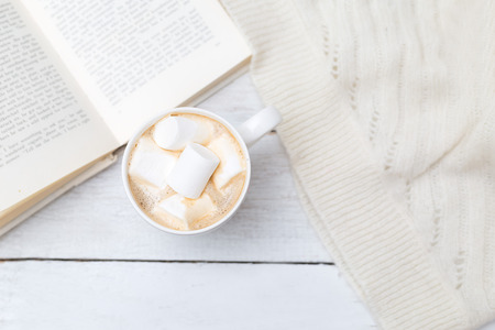 relax with a cup of coffee and a book. Flat layの写真素材