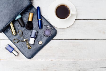 Feminine accessories on wooden background. Copy spaceの写真素材