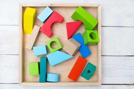 Wooden kids toys multicolor. Flat lay