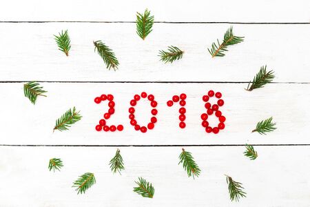 2018 from red berries of a viburnum on a wooden background. Flat lay