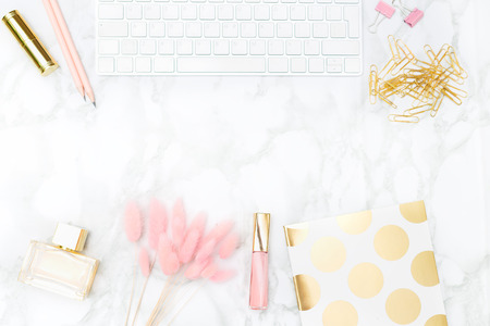 Gold and blush office  feminine. stock photo. Copy spaceの写真素材