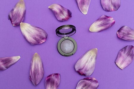 Purple eyeshadow and petals on a purple background. Flat layの写真素材