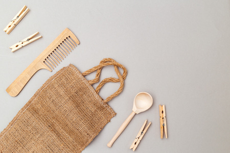 Wooden things on a gray background. Zero waste copy spaceの写真素材