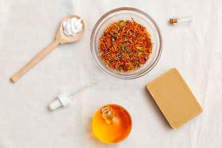 Natural skin care. Care products on a white textile background. Flat layの写真素材