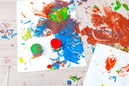 Finger paints multi-colored. Top view. Backgroundの写真素材