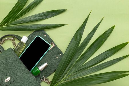 Handbag, phone, nail polish and natural leaves on green background. Monochrome Ð¿ÐºÑÑÑ. Copy spaceの写真素材