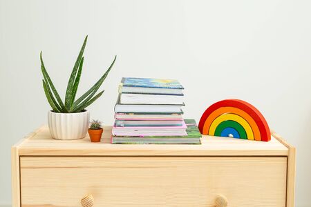 Houseplant with books and wooden rainbow on a wooden shelf. Slow entertainment. Readingの写真素材