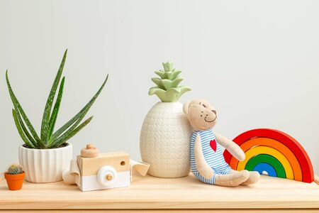 Kids toys and Houseplant. Life style. Plant home decorationの写真素材