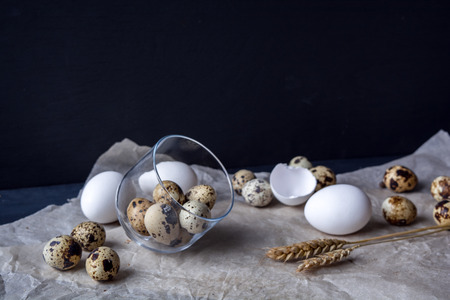 Quail eggs and chicken eggs. White paper background. Top view. Free space.の写真素材