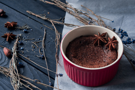 Brownie, chocolate fondant, lava cake  on dark blue background, close upの写真素材