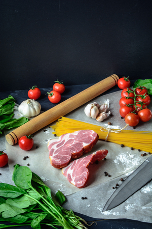 Cooking pasta carbonara, kitchen, recipeの写真素材
