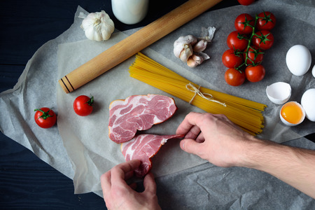 Cooking pasta carbonara, kitchen, recipe