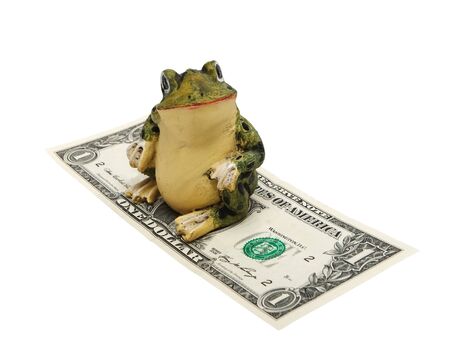 Figurine of a frog and money on a white background (isolated).の写真素材