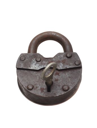 Old vintage lock and key on a white background (isolated).の写真素材