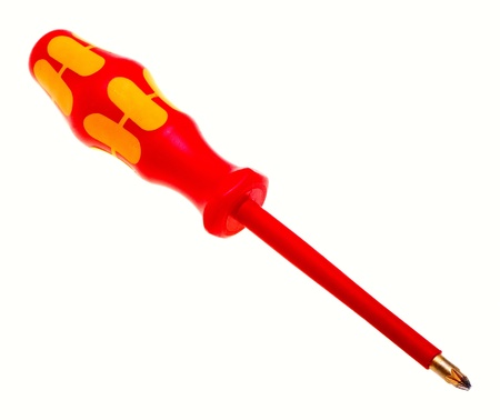 Red screwdriver for electrical work, isolated on a white background.の写真素材