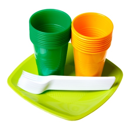 Plastic dishes isolated on a white background.の写真素材