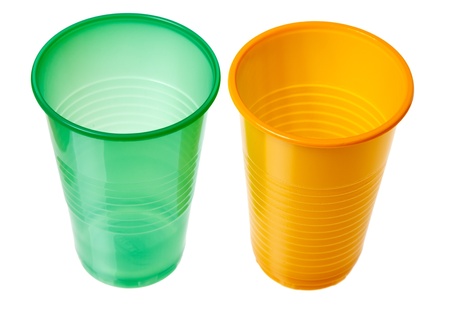 Plastic dishes isolated on a white background.の写真素材