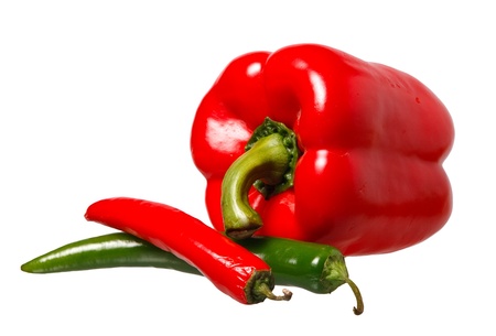 Fresh sweet pepper and chilli pepper isolated on white background.の写真素材