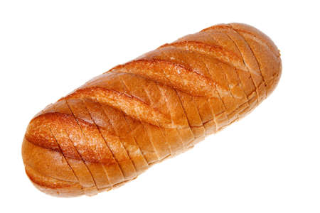A loaf of bread sliced isolated on a white background.の写真素材