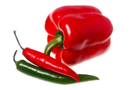 Fresh sweet pepper and chilli pepper isolated on white background.の写真素材