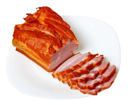 Sliced pork (bacon), isolated on a white background.の写真素材