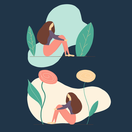 Girl sitting and big flowers and leaves aroundのイラスト素材